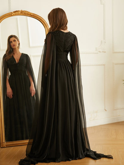 A-Line/Princess 30D Chiffon Ruched V-neck Long Sleeves Floor-Length Dresses