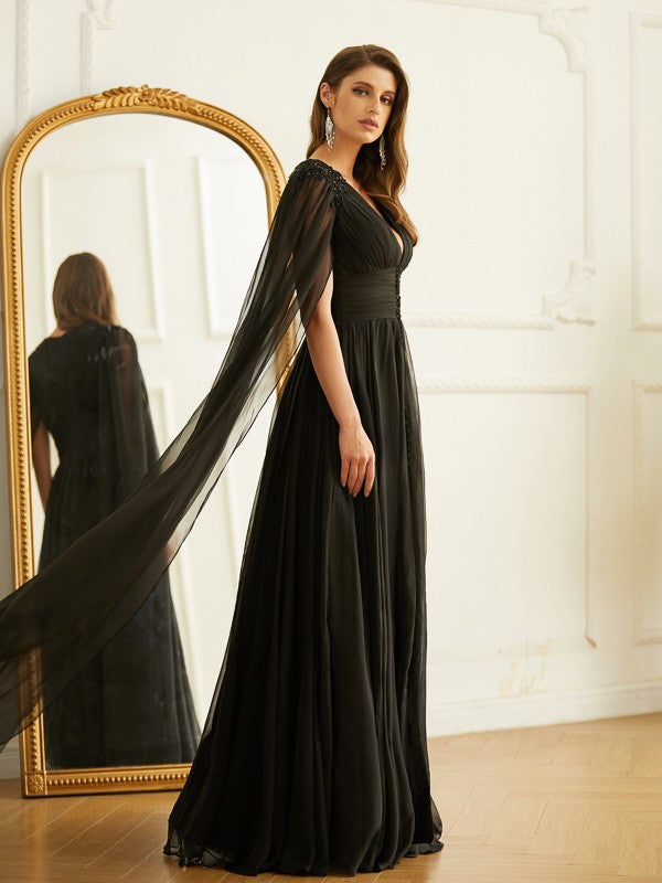 A-Line/Princess 30D Chiffon Ruched V-neck Long Sleeves Floor-Length Dresses