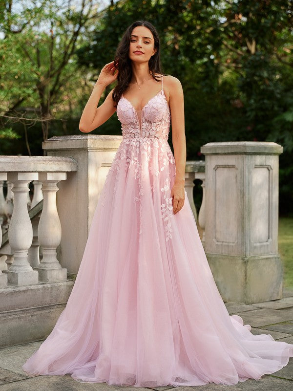 A-Line/Princess Tulle Applique V-neck Sleeveless Court Train Dresses