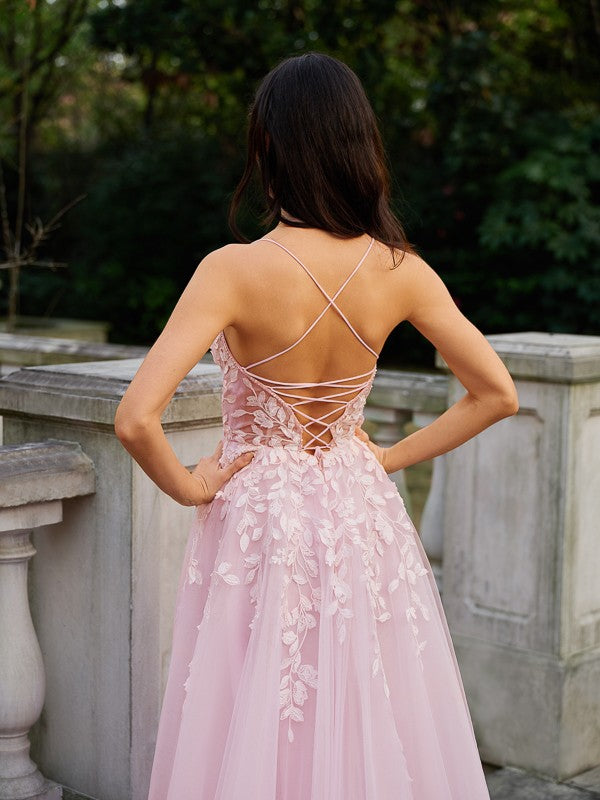 A-Line/Princess Tulle Applique V-neck Sleeveless Court Train Dresses