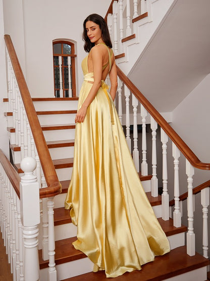 A-Line/Princess Silk like Satin Ruffles V-neck Sleeveless Court Train Dresses