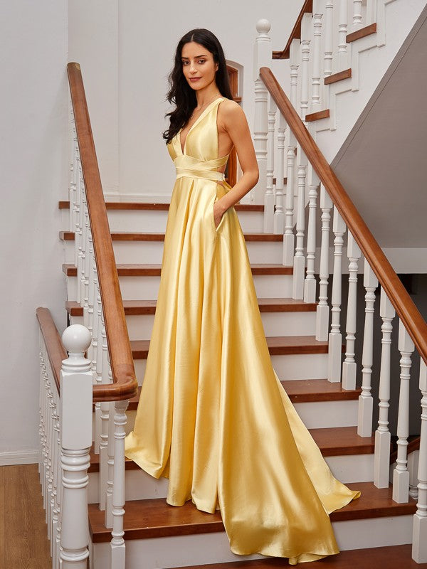 A-Line/Princess Silk like Satin Ruffles V-neck Sleeveless Court Train Dresses