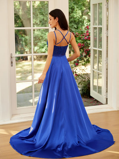 A-Line/Princess Silk like Satin Straps Sleeveless Sweep/Brush Train Dresses