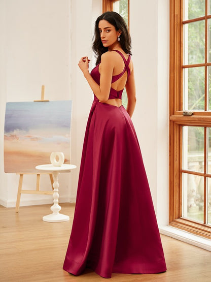 A-Line/Princess Charmeuse Ruffles V-neck Sleeveless Floor-Length Dresses