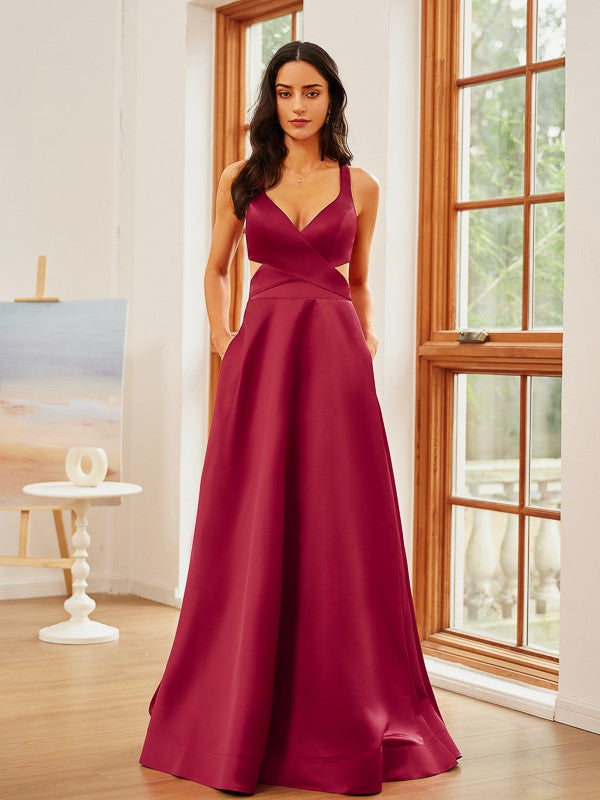 A-Line/Princess Charmeuse Ruffles V-neck Sleeveless Floor-Length Dresses