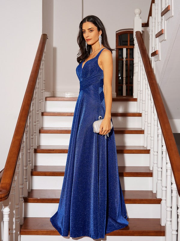 A-Line/Princess Ruched V-neck Sleeveless Floor-Length Dresses