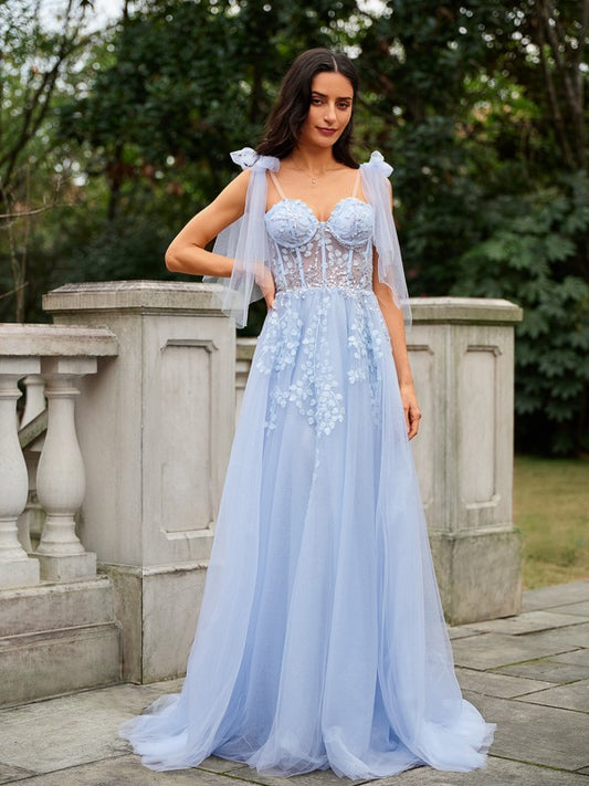 A-Line/Princess Tulle Applique Straps Sleeveless Sweep/Brush Train Dresses