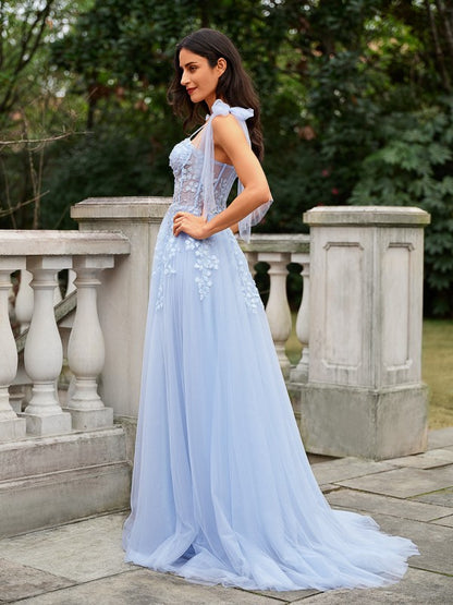 A-Line/Princess Tulle Applique Straps Sleeveless Sweep/Brush Train Dresses