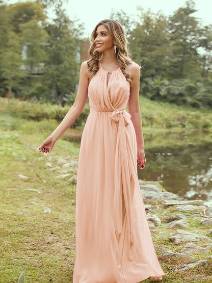 A-Line/Princess Chiffon Ruffles Halter Sleeveless Sweep/Brush Train Bridesmaid Dresses