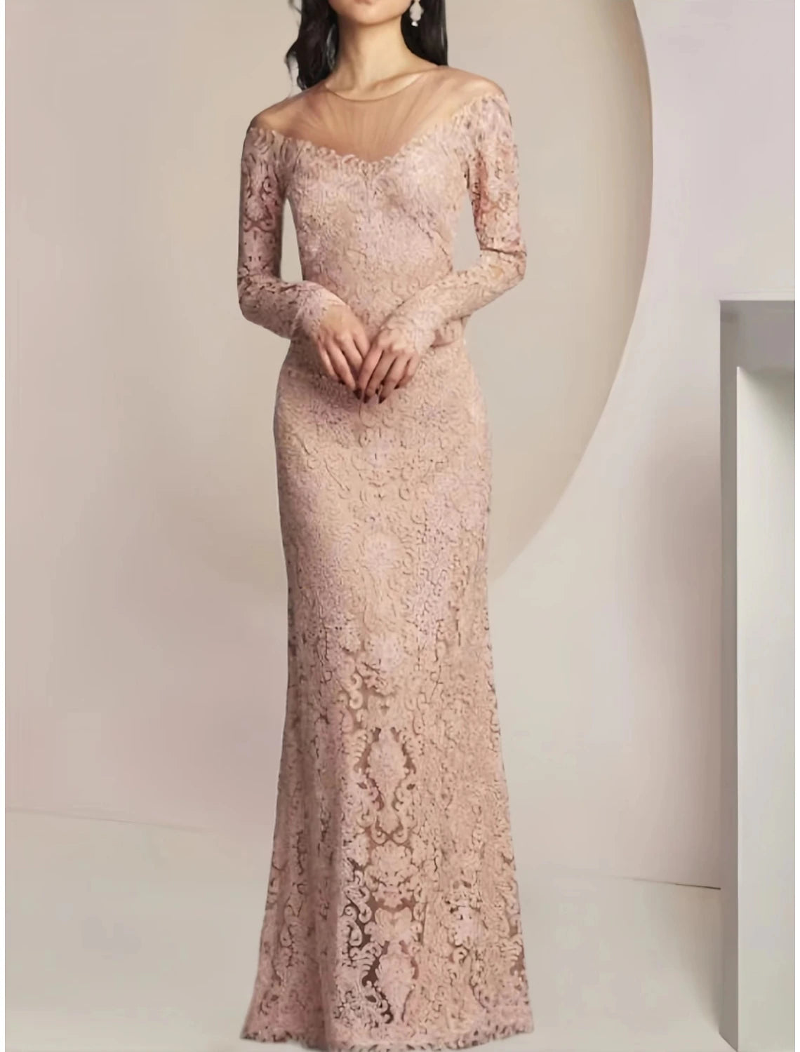 Sheath / Column Mother of the Bride Dress Wedding Guest Elegant Illusion Neck Floor Length Lace Long Sleeve with Solid Color