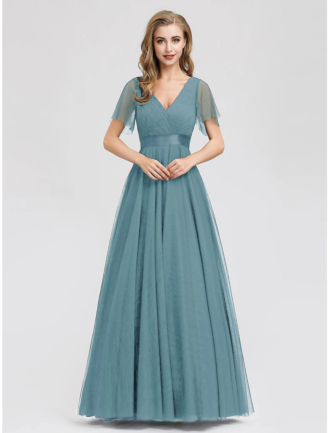 A-Line Empire Wedding Guest Prom Dress V Neck V Back Short Sleeve Floor Length Chiffon with Pleats Ruched