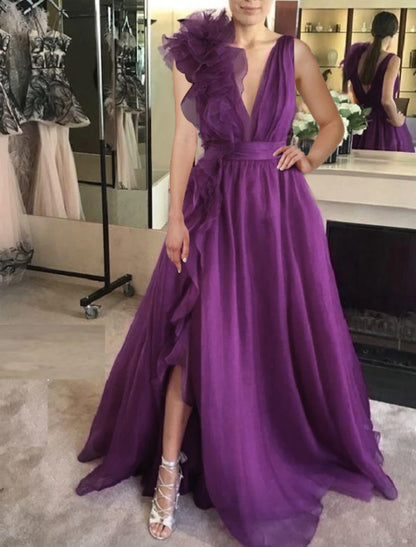 A-Line Evening Gown Celebrity Style Dress Christmas Red Green Dress Formal Wedding Guest Floor Length Sleeveless V Neck Chiffon with Slit Pure Color