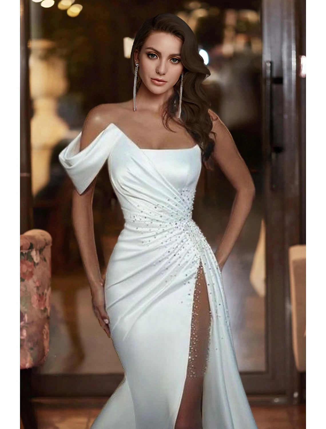 Formal Wedding Dresses Mermaid / Trumpet Off Shoulder Sleeveless Court Train Satin Bridal Gowns With Beading 2023 Summer Wedding Party
