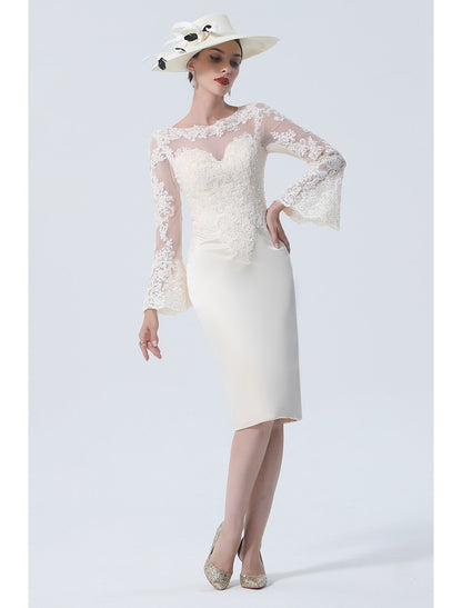 Sheath / Column Mother of the Bride Dress Vintage Plus Size Elegant Jewel Neck Knee Length Satin Lace Long Sleeve with Lace