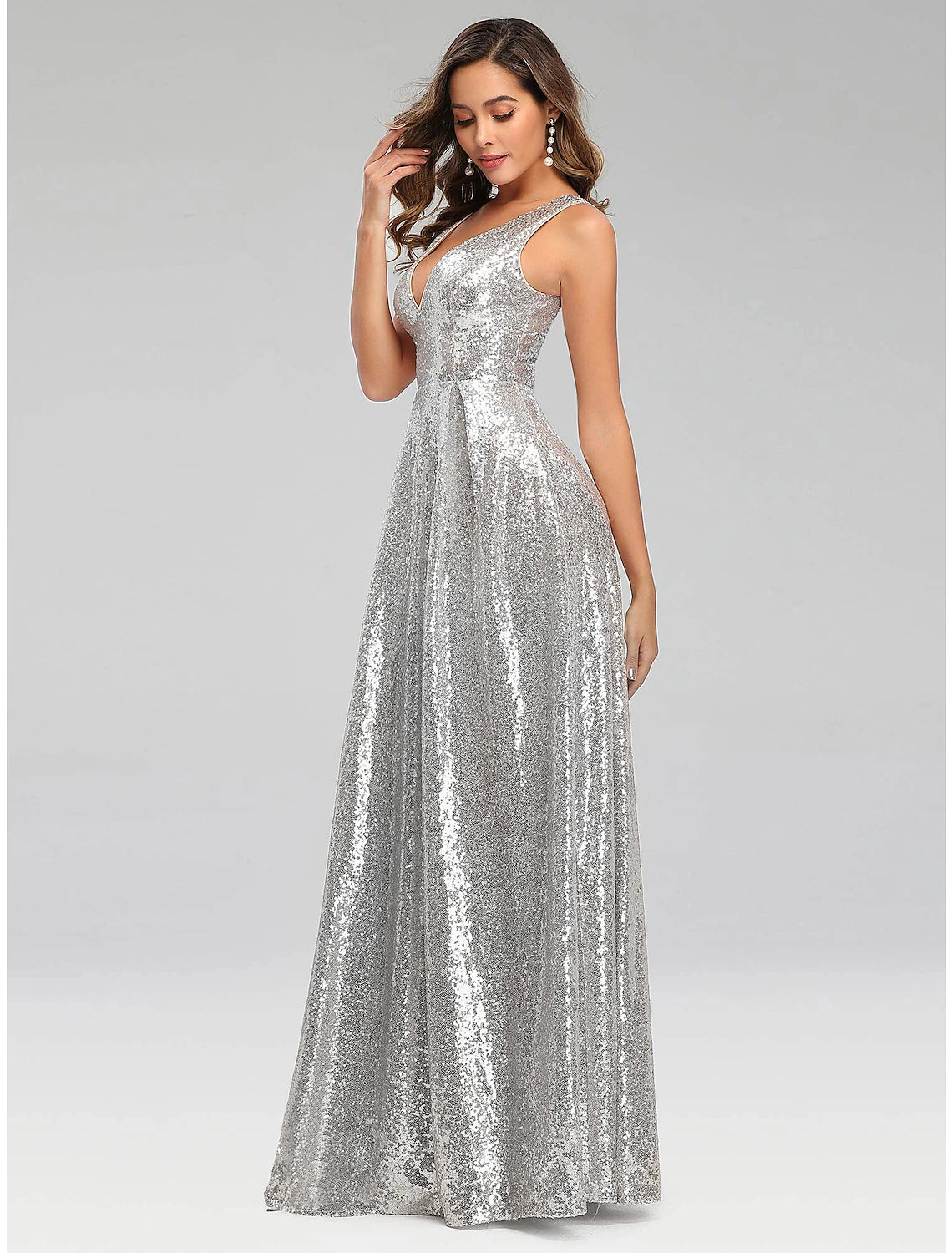 A-Line Prom Dresses Sparkle Dress Wedding Guest Engagement Floor Length Sleeveless V Neck Polyester V Back with SequinA-Line Prom Dresses Sparkle Dress Wedding Guest Engagement Floor Length Sleeveless V Neck Polyester V Back with Sequin