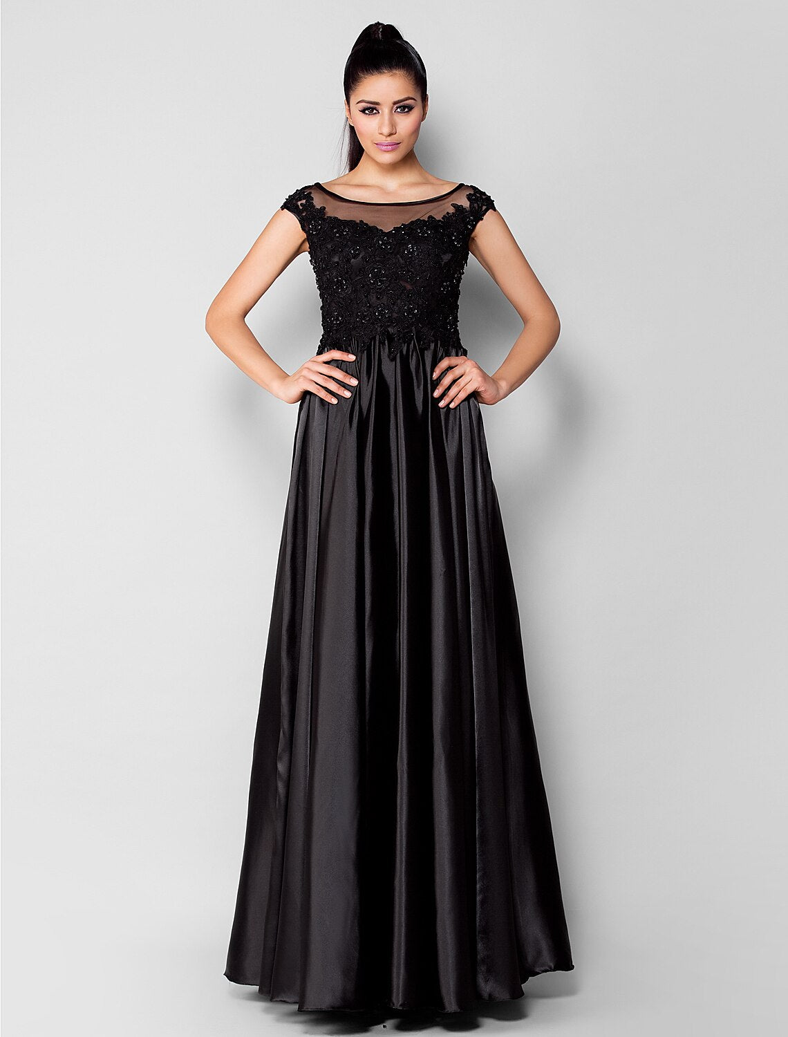 Ball Gown Minimalist Formal Evening Dress Illusion Neck Short Sleeve Floor Length Stretch Satin with Beading Appliques