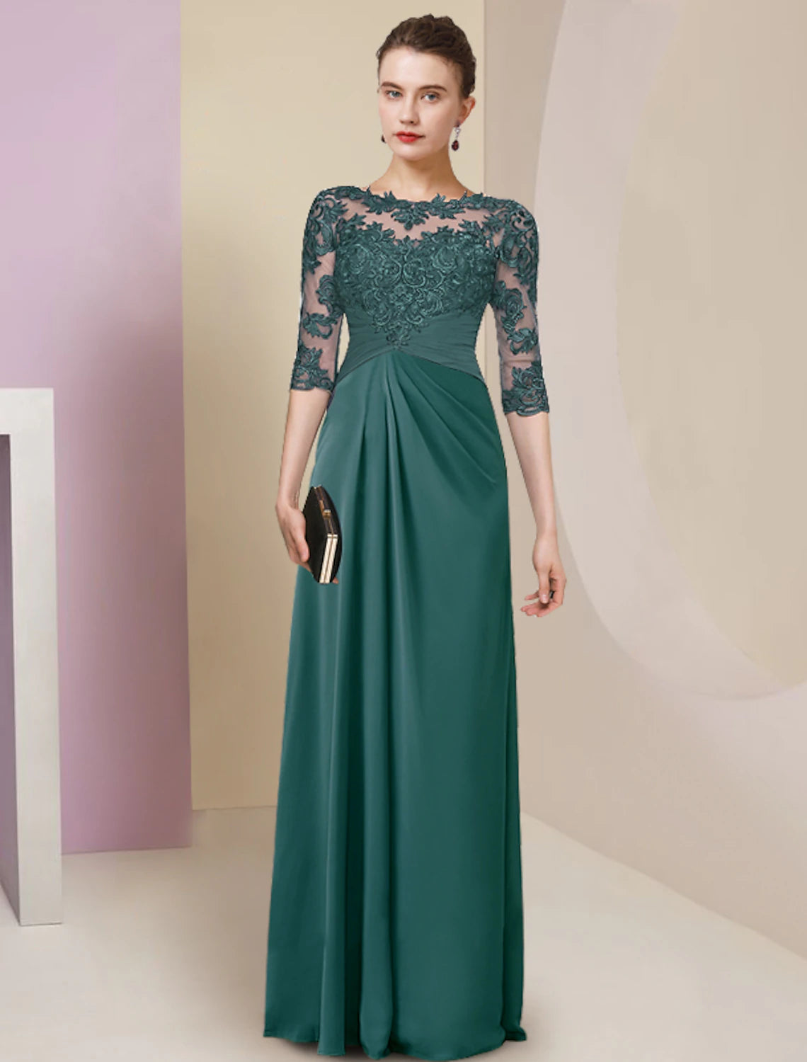 Sheath / Column Mother of the Bride Dress Simple Elegant Jewel Neck Floor Length Chiffon Lace Half Sleeve with Pleats Solid Color