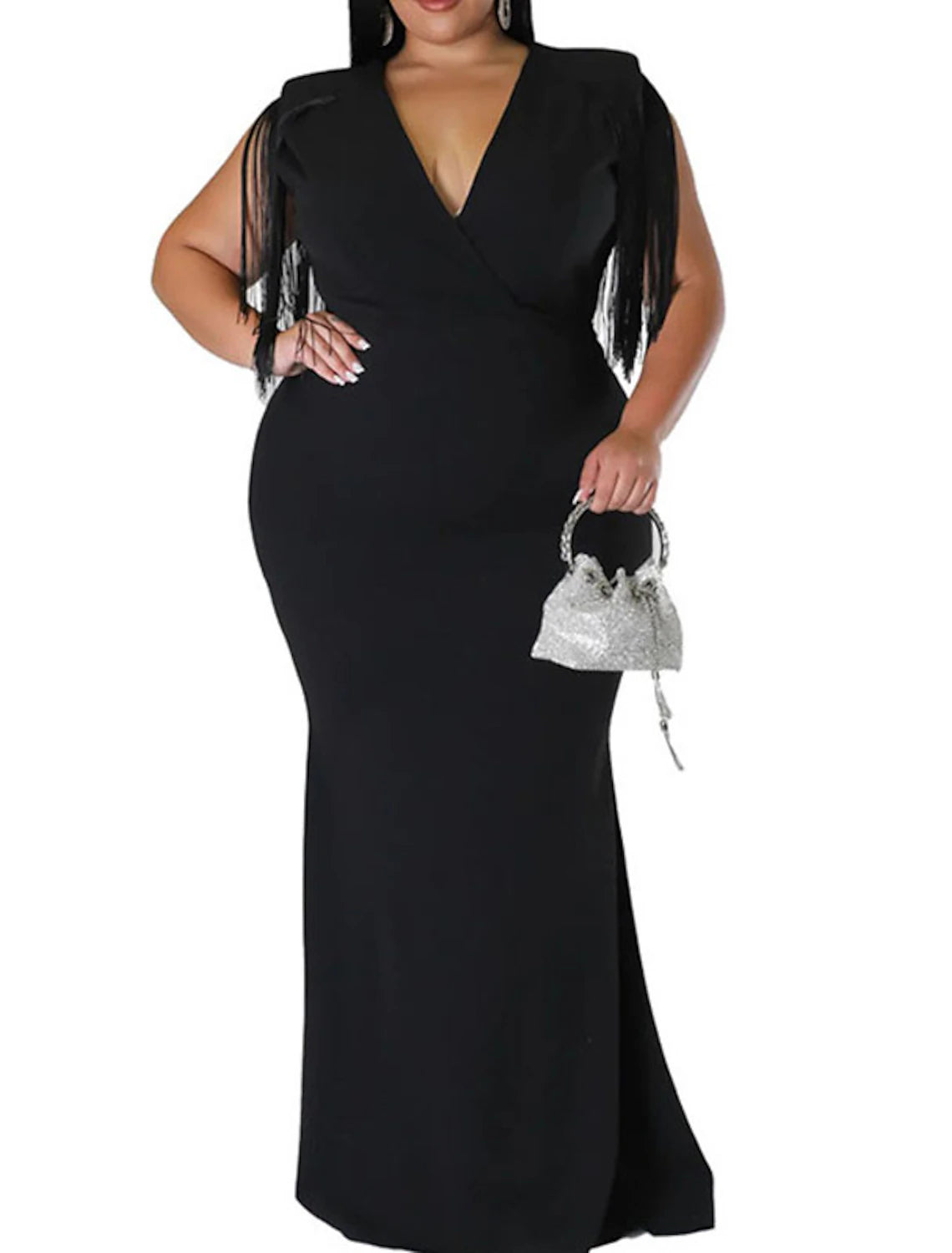 Women's Plus Size Black Sequin Dress Fringe Dress Prom Dress Party Dress Sparkly Dress Solid Color V Neck Tassel Sleeveless Spring Formal Maxi long Dress Date Dress