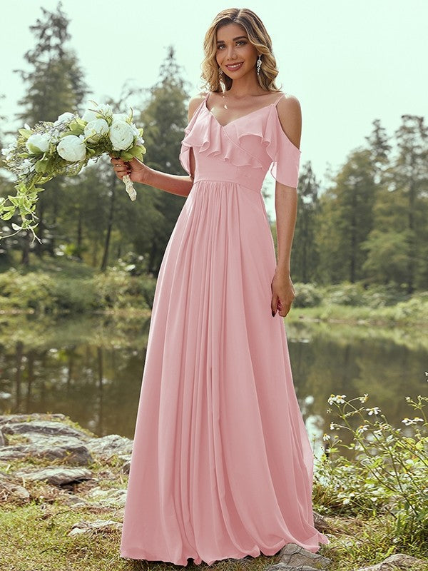 A-Line/Princess Chiffon Ruffles V-neck Sleeveless Floor-Length Bridesmaid Dresses