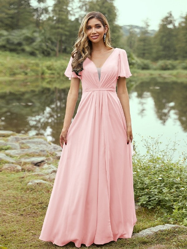 A-Line/Princess Chiffon Ruffles V-neck Short Sleeves Floor-Length Bridesmaid Dresses