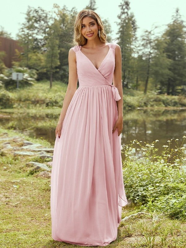 A-Line/Princess Chiffon Ruffles V-neck Sleeveless Floor-Length Bridesmaid Dresses