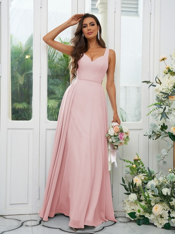 A-Line/Princess Chiffon Ruffles V-neck Sleeveless Floor-Length Bridesmaid Dresses