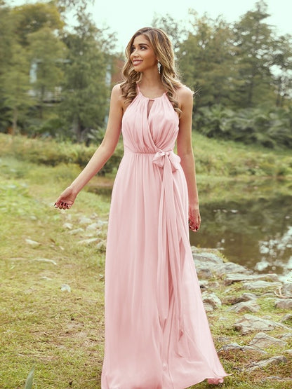 A-Line/Princess Chiffon Ruffles Halter Sleeveless Sweep/Brush Train Bridesmaid Dresses