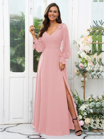 A-Line/Princess Chiffon Bowknot V-neck Long Sleeves Floor-Length Bridesmaid Dresses