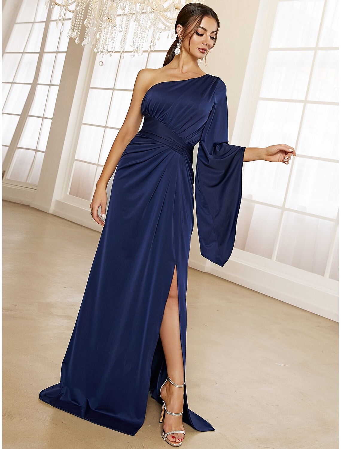 A-Line Evening Gown Elegant Dress Formal Fall Sweep / Brush Train Long Sleeve One Shoulder Stretch Fabric with Pleats Ruched Slit