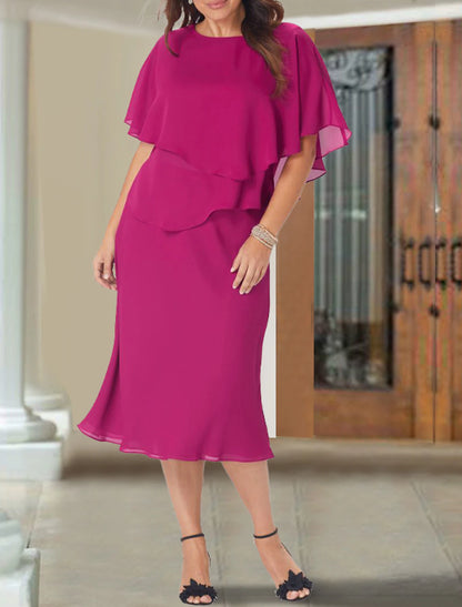 A-Line Mother of the Bride Dress Wedding Guest Plus Size Elegant Jewel Neck Tea Length Chiffon Short Sleeve with Ruffles Fall