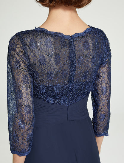 A-Line Mother of the Bride Dress Jewel Neck Floor Length Chiffon Lace 3/4 Length Sleeve with Lace Ruching