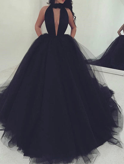 Ball Gown Prom Dresses Open Back Dress Wedding Party Sweet 16 Court Train Sleeveless Halter Neck Tulle Backless with Pleats