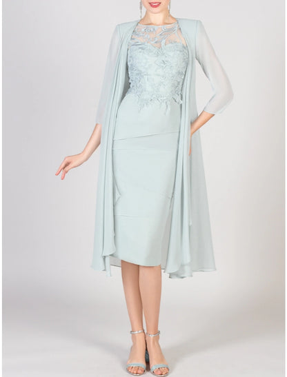 Two Piece Sheath / Column Mother of the Bride Dress Wedding Guest Elegant Petite Jewel Neck Knee Length Chiffon Lace 3/4 Length Sleeve with Ruching Solid Color