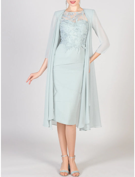 Two Piece Sheath / Column Mother of the Bride Dress Wedding Guest Elegant Petite Jewel Neck Knee Length Chiffon Lace 3/4 Length Sleeve with Ruching Solid Color