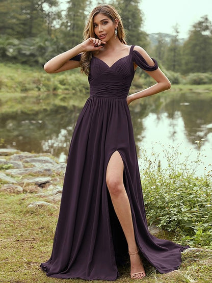 A-Line/Princess Chiffon Ruched V-neck Sleeveless Sweep/Brush Train Bridesmaid Dresses