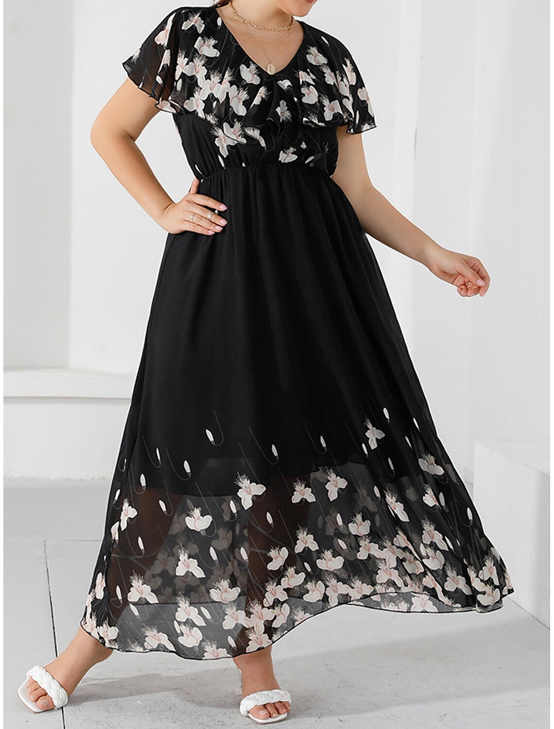 Women's Plus Size Prom Dress Party Dress Wedding Guest Dress Long Dress Maxi Dress Black Short Sleeve Floral Print Summer Spring Fall V Neck Elegant Wedding Guest Birthday Evening Party