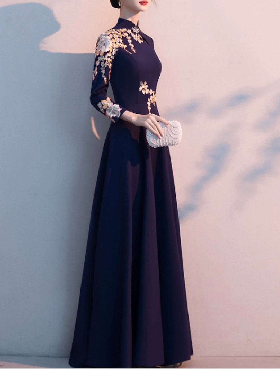 A-Line Mother of the Bride Dress Simple Elegant High Neck Floor Length Stretch Fabric Long Sleeve with Pleats Appliques