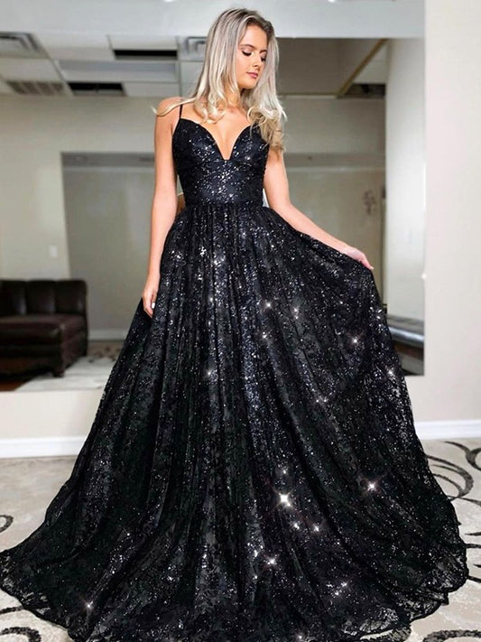 A-Line/Princess Floor-Length V-neck Sequin Sleeveless Sequins Dresses