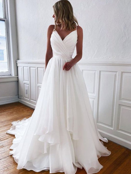 A-Line/Princess Organza Ruffles V-neck Sleeveless Court Train Wedding Dresses