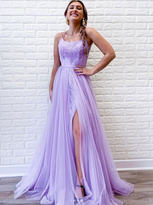 A-Line/Princess Tulle Lace Spaghetti Straps Sleeveless Sweep/Brush Train Dresses