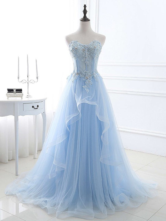 A-Line/Princess Tulle Applique Sweetheart Sleeveless Sweep/Brush Train Dresses