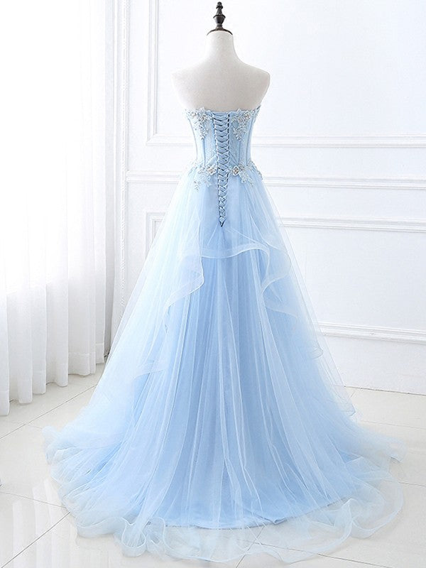 A-Line/Princess Tulle Applique Sweetheart Sleeveless Sweep/Brush Train Dresses