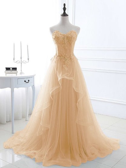 A-Line/Princess Tulle Applique Sweetheart Sleeveless Sweep/Brush Train Dresses