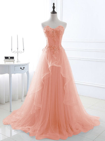 A-Line/Princess Tulle Applique Sweetheart Sleeveless Sweep/Brush Train Dresses