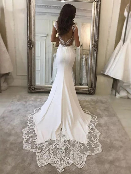 Sheath/Column Stretch Crepe Lace V-neck Sleeveless Sweep/Brush Train Wedding Dresses