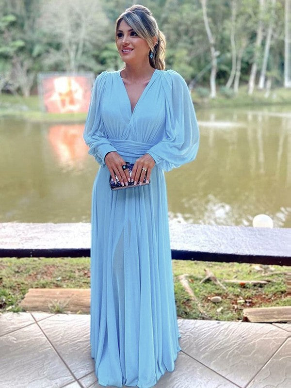 A-Line/Princess Chiffon Ruffles V-neck Long Sleeves Floor-Length Mother of the Bride Dresses