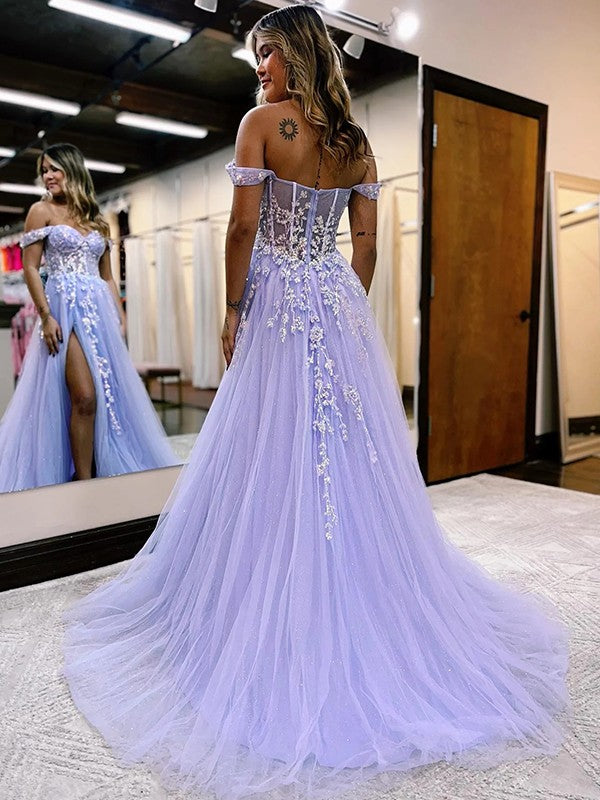 Blue Ball Gown Off-the-Shoulder Applique Tulle Sweep/Brush Train Dresses LBQ1075