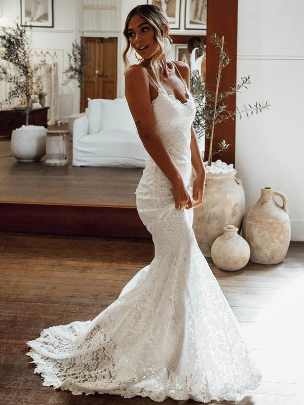 Sheath/Column Lace V-neck Sleeveless Court Train Wedding Dresses