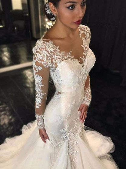 Trumpet/Mermaid V-neck Long Sleeves Lace Court Train Tulle Wedding Dresses