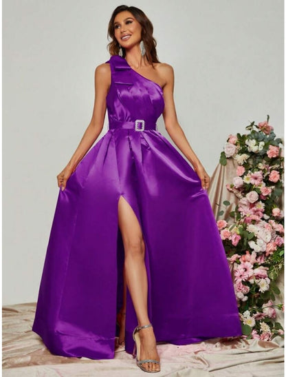 A-Line Evening Gown Party Dress Formal Fall Floor Length Sleeveless One Shoulder Satin with Pleats Slit Strappy